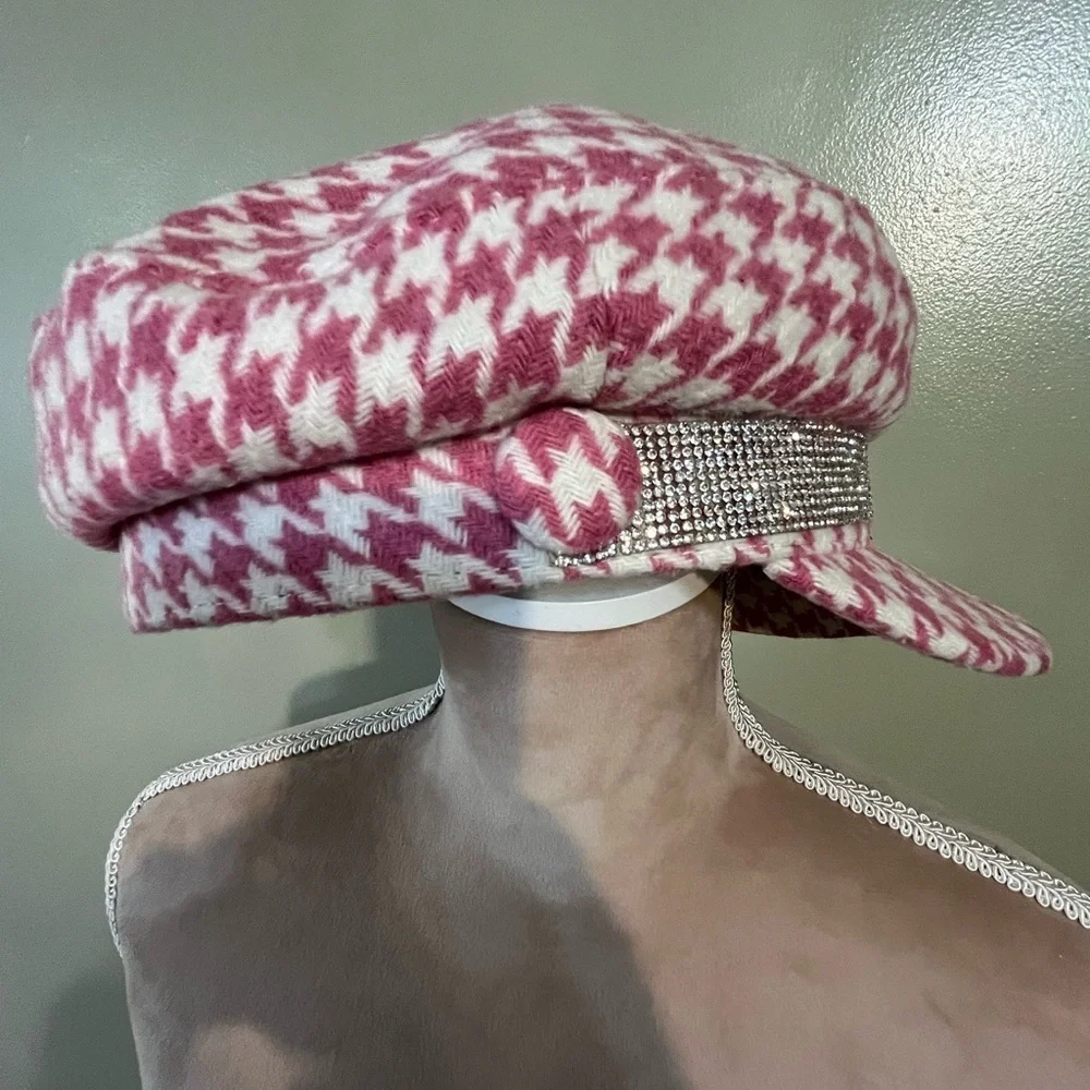 Juicy Couture Womens Houndstooth Pink White Tweed Embellished  Stones Cap Beret